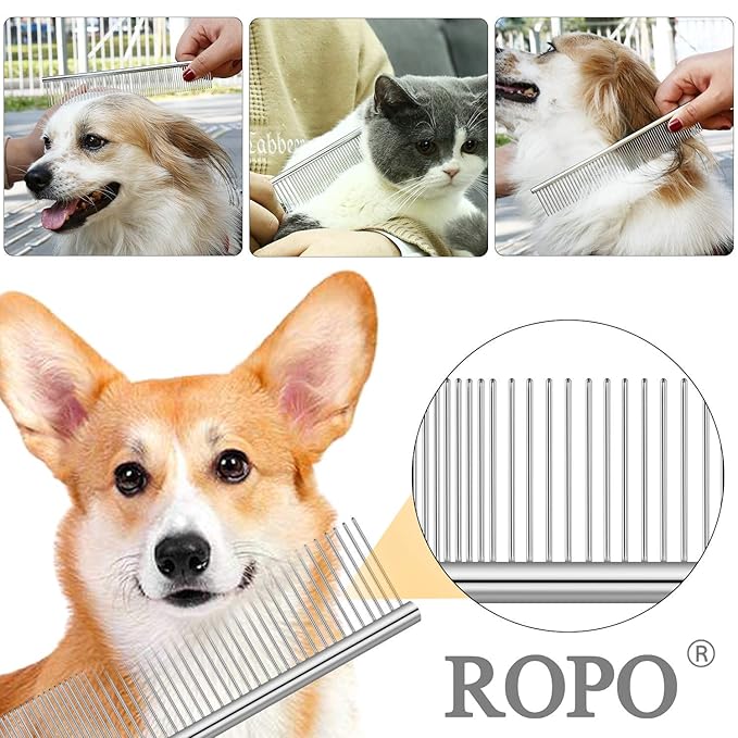 ROPO Dog Comb for Removing Matted Fur - Pet Dematting Comb with Rounded Teeth and Non-Slip Grip Handle - Prevents Knots and Mats for Long and Short Haired Pets (Round handle, Bright Silver)
