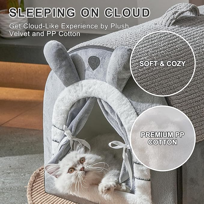 Jiupety Cat Houses for Indoor Cats, Cave Bed with Door Curtain Design, Cute Portable Beds with Reversible Washable Cushion, S Size Soft Kitty Hideaway Up to 6 lbs, Non-Slip Bottom, Grey