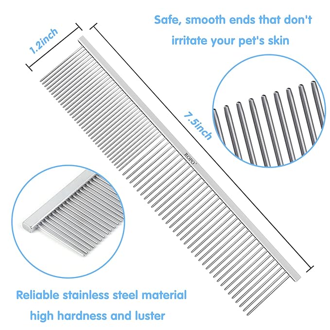 ROPO Dog Comb Tool for Removing Matted Fur - Pet Dematting Comb with Rounded Teeth and Non-Slip Grip Handle - Prevents Knots and Mats for Long and Short Haired Pets (Square handle, Silver)