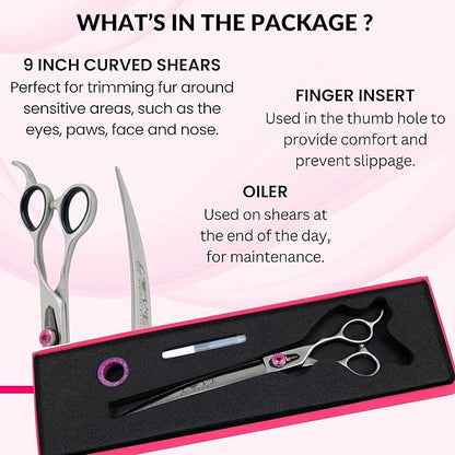 Kenchii Love Left Handed Dog Grooming Scissors, 9 Inch Curved Shears, Dog Scissors for Grooming, Professional Pet Grooming Scissors, Curved Dog Grooming Scissors