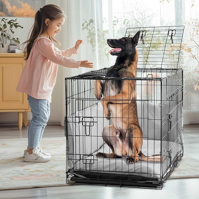 Veehoo 42 inch Dog Crates for Large Dogs with Bumper-Three Doors Folding Metal Wire Dog Crate Cage, Indoor Outdoor Large Dog Crate with Plastic Leak-Proof Tray-Portable Pet Kennel Kit