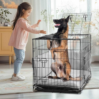 Veehoo 42 inch Dog Crates for Large Dogs with Bumper-Three Doors Folding Metal Wire Dog Crate Cage, Indoor Outdoor Large Dog Crate with Plastic Leak-Proof Tray-Portable Pet Kennel Kit