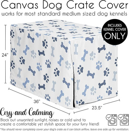 Sweet Jojo Designs Bone Paw Print Boy or Girl Gender Neutral Unisex Dog Crate Cover – Kennel Covers for 36 Inch Pet Cage Medium - Slate Navy Blue Modern Off White Gray Puppy