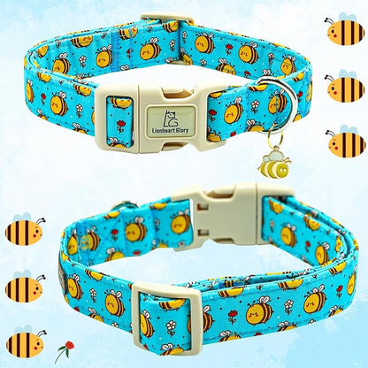 Lionheart glory Dog Collar, Bees Blue Dogs Collar Adjustable Soft Comfortable Collars for Small Dogs Girl or Boy Pet Gift Cute Spring Summer Collar