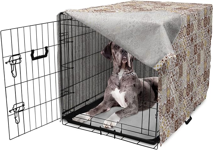 Lunarable Ethnic Dog Crate Cover, Portuguese Azulejo Mosaics with Floral Scrolls Retro Mediterranean, Easy to Use Pet Kennel Cover for Medium Large Dogs, 48 Inch, Chocolate Earth Yellow
