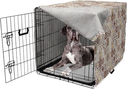 Lunarable Ethnic Dog Crate Cover, Portuguese Azulejo Mosaics with Floral Scrolls Retro Mediterranean, Easy to Use Pet Kennel Cover for Medium Large Dogs, 48 Inch, Chocolate Earth Yellow