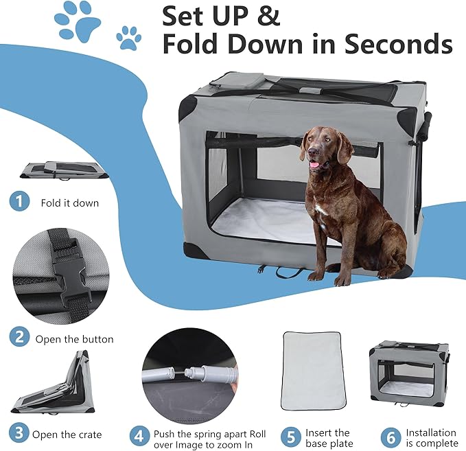 FDW 42 Inch Soft Collapsible Dog Crate 3-Door Open Dog Kennel with Mesh Window Portable Travel Pet Crate Indoor & Outdoor Pet Home, Grey