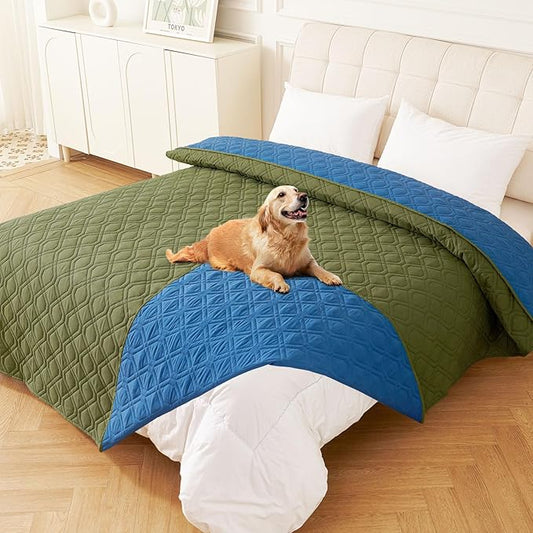 hyha Waterproof Dog Bed Blanket, Soft Dog Bed Cover Pet Blankets, Washable Couch Sofa Cover for Dogs, Reversible Pet Sofa Covers for Furniture (82x82 Inch, Green/Navy Blue)