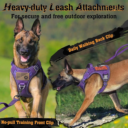 rabbitgoo Dog Harness Medium Sized No Pull, Tactical Service Dog Vest with Molle and Control Handle, Adjustable and Reflective Military Pet Harness for Easy Walking and Training, Purple, M
