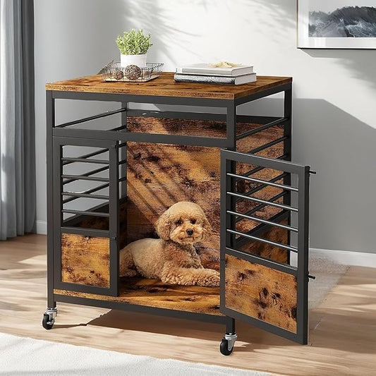 YITAHOME 24" Dog Crate Furniture with Wheels, Farmhouse Decorative Wood Dog Cage End Table Chew-Resistant Wooden Dog Kennel Indoor for Small Dogs, Rustic Brown