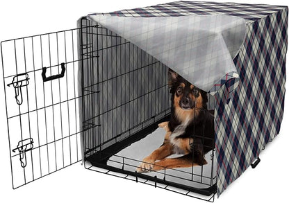 Lunarable Plaid Dog Crate Cover, Celtic Fashion Diagonal Retro Style Classical Irish Culture Inspiration, Easy to Use Pet Kennel Cover for Medium Large Dogs, 36 Inch, Night Blue Red Beige