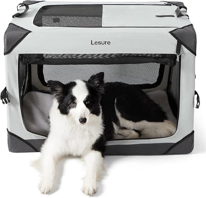 Lesure Collapsible Dog Crate - Portable Travel Kennel for Large Dog, 4-Door Pet Crate with Durable Mesh Windows, Indoor & Outdoor, Light Gray