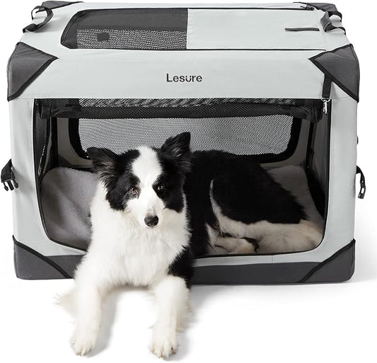 Lesure Collapsible Dog Crate - Portable Travel Kennel for Large Dog, 4-Door Pet Crate with Durable Mesh Windows, Indoor & Outdoor, Light Gray