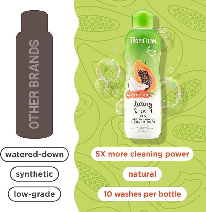 TropiClean 2-in-1 Dog Shampoo and Conditioner, Moisturizing Dog Detangler, Puppy Safe, Made in the USA, Papaya Scent, Cat & Kitten Safe, 20oz.