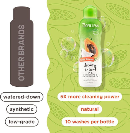 TropiClean 2-in-1 Dog Shampoo and Conditioner, Moisturizing Dog Detangler, Puppy Safe, Made in the USA, Papaya Scent, Cat & Kitten Safe, 20oz.