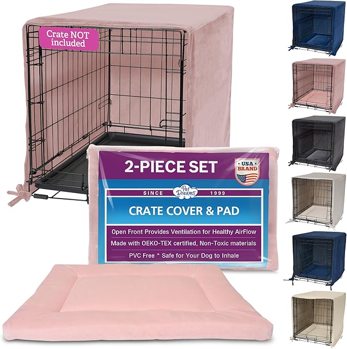 Pet Dreams Dog Crate Cover & Mat- Breathable Non-Toxic Kennel Topper for Single-Door Crates, Fits iCrate Dog Cages 18, 24, 30, 36, 42, 48 Inches (Pink, Small, 24“)