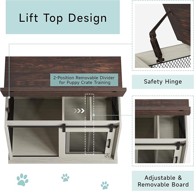 GAOMON 37'' Sliding Barn Door Dog Crate Furniture with Flip Top and Movable Divider, Wooden Dog Crate Table, Dog Kennel Side End Table, Furniture Style Large Dog House, White