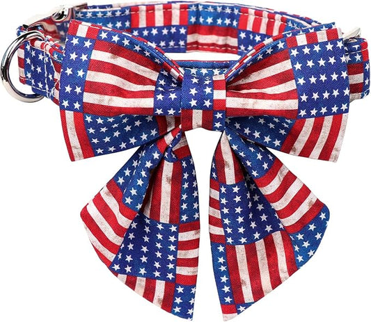 Lionet Paws Patriotic Dog Collar with Sailor Bow, 4th of July, Soft and Comfortable Adjustable American Flag Collar for Puppies and Cats, XXS, Neck 7-11 inches
