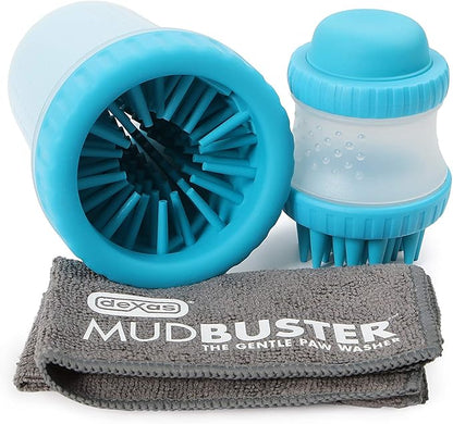 Dexas MudBuster Portable Pet Cleaning Kit with Dog Paw Washer, Pet Bathing Brush, Microfiber Towel, Small, Blue