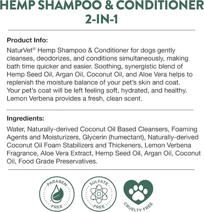 NaturVet Hemp Shampoo & Conditioner 2-in-1 with Argan and Coconut for Dogs, 16oz Liquid, Made in The USA