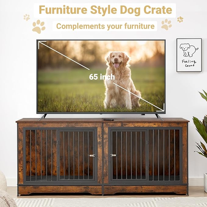 Rovibek 75'' Double Dog Crate Furniture for 2 Large Dogs, Heavy Duty Furniture Style Dog Kennel End Table, Wood Crates for Dogs Kennel Indoor Double Door, Brown