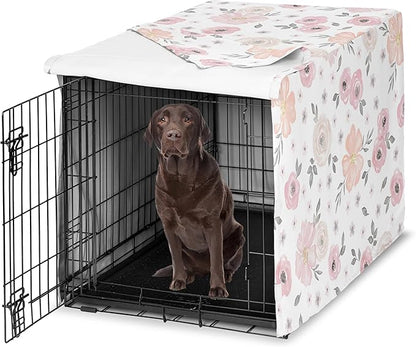 Sweet Jojo Designs Blush Pink Grey Boho Floral Dog Crate Cover – Kennel Covers for 42 Inch Pet Cage Medium/Large - Bohemian Farmhouse Shabby Chic Rose Lily Watercolor Flower Elegant Gray and White