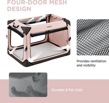 Lesure Collapsible Dog Crate - Portable Travel Kennel for Medium Dog, 4-Door Pet Crate with Durable Mesh Windows, Indoor & Outdoor, Pink