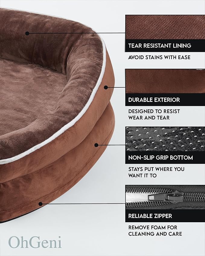 OhGeni Orthopedic Dog Bed for Extra Extra Large Dogs, Dog Couch Design with Egg Foam Support, Removable, Machine Washable Plush Cover and Non-Slip Bottom with Four Sided Bolster Cushion (Brown)