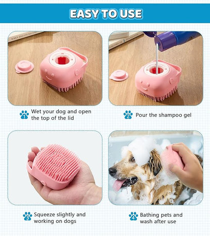 Dog Bath brush Pet Shampoo Brush with Adjustable Ring Handle Soft Massage Dispenser Panda Shape Brush for Short Long Haired Dogs Cats Showering(Pink)