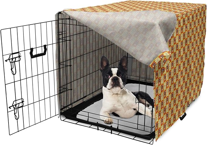 Lunarable Thanksgiving Dog Crate Cover, Checkered Pattern with Funny Cartoon Gobbler and Fallen Autumn Leaves, Easy to Use Pet Kennel Cover for Small Dogs Puppies Kittens, 22 Inch, Red Yellow Brown