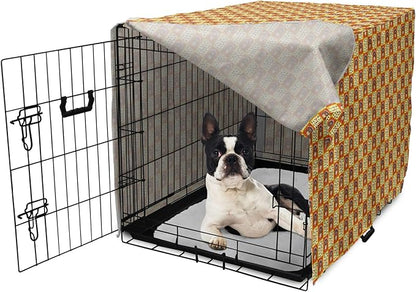 Lunarable Thanksgiving Dog Crate Cover, Checkered Pattern with Funny Cartoon Gobbler and Fallen Autumn Leaves, Easy to Use Pet Kennel Cover for Small Dogs Puppies Kittens, 22 Inch, Red Yellow Brown