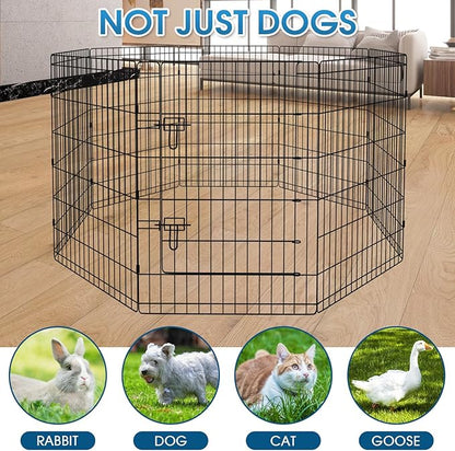 Pet Playpen Dog Fence Foldable Metal Dog Pen Wire Exercise Puppy Play Yard Pet Enclosure Indoor Outdoor 8 Panels 36 Inch with Bottom Pad/Top Cover(Black 36 top Cover)