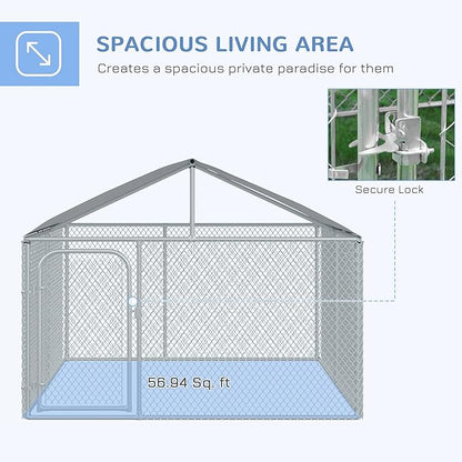 PawHut Large Dog Kennel Outside, Heavy Duty Dog Cage with Waterproof Cover, Outdoor Fence Dog Run with Galvanized Chain Link, Secure Lock, 7.5' x 7.5' x 5.6'