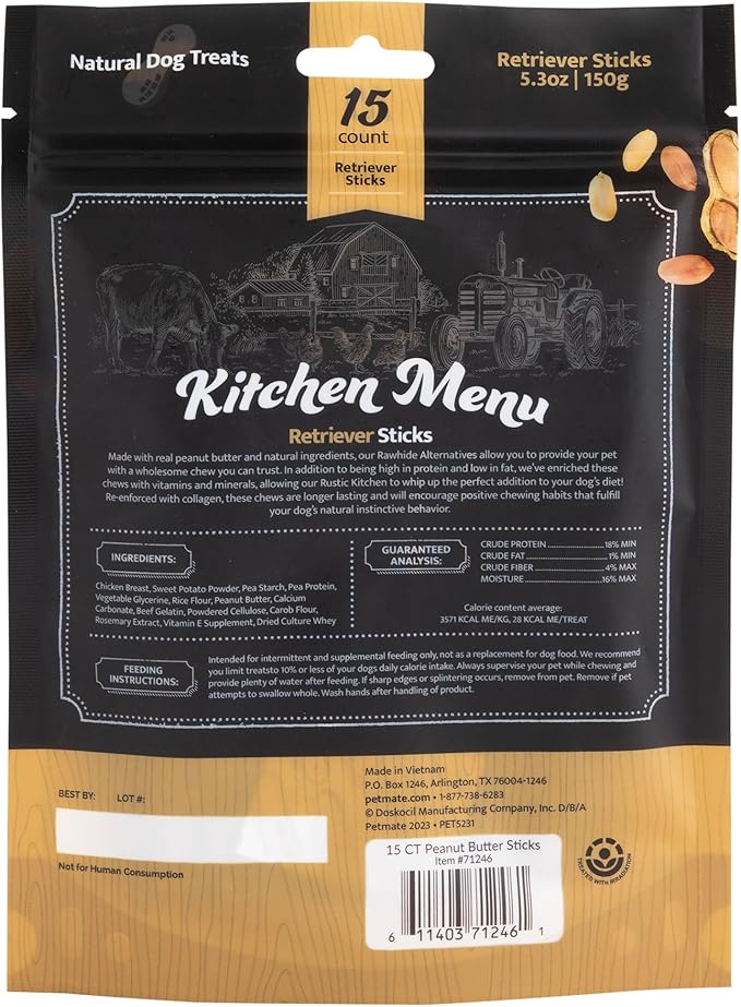 Rustic Kitchen Collagen Sticks for Dogs, Real Peanut Butter Sticks 15ct - Rawhide Free Long Lasting Dog Treats
