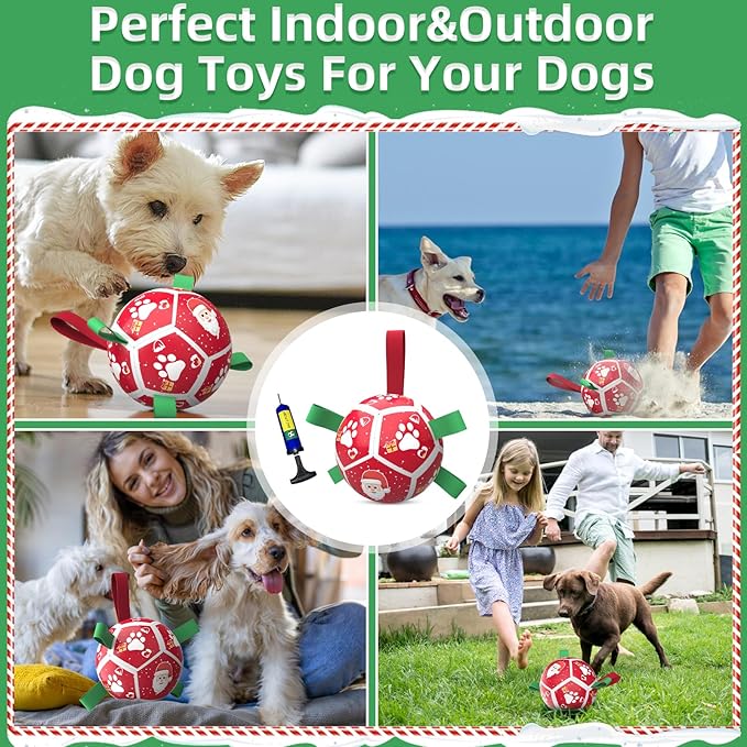 QDAN Christmas Dog Toys Soccer Ball with Straps, Outdoor Interactive Dog Toys for Tug of War, Puppy Birthday Gifts, Dog Tug Toy, Dog Water Toy, Durable Dog Balls for Small Dogs（5 Inch）