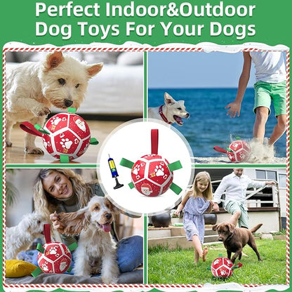 QDAN Christmas Dog Toys Soccer Ball with Straps, Outdoor Interactive Dog Toys for Tug of War, Puppy Birthday Gifts, Dog Tug Toy, Dog Water Toy, Durable Dog Balls for Small Dogs（5 Inch）