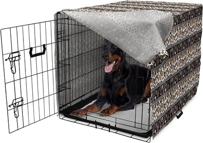 Ambesonne African Dog Crate Cover, Traditional Borders Cheetah Skin with Abstract Spirals and Circles, Easy to Use Pet Kennel Cover for Medium Large Dogs, 42 Inch, Pale Coffee Brown White