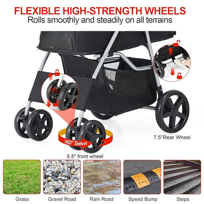 Pet Stroller for Medium Small Dogs and Cats, Folding Puppy Stroller Dog Cat Cage Jogger Stroller with Cup Holder and Storage Basket, 4 Wheels, Black