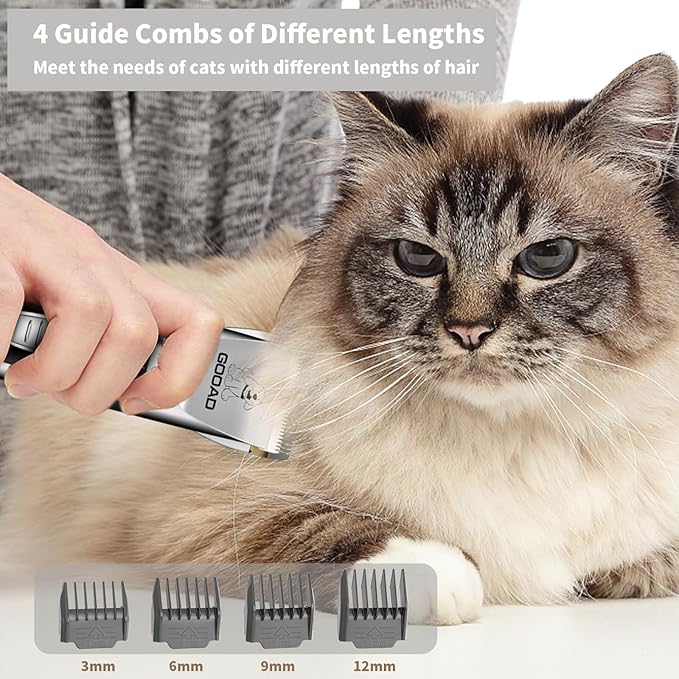 Goood Cat Clippers for Matted Hair - Cordless Cat Shaver, Low Noise Paw Trimmer, Quiet Pet Hair Clippers (Silver)