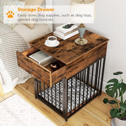 HOOBRO Dog Crate Furniture, Wooden Dog House, Decorative Dog Kennel with Drawer, Indoor Pet Crate End Table for Small Dog, Steel-Tube Dog Cage, Chew-Proof, Rustic Brown and Black BF01GW03