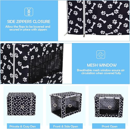 Morezi Dog Crate Cover for Wire Crates,Cage, Heavy Nylon Durable Waterproof Windproof Pet Kennel Cover Indoor Outdoor Protection - Cover only - Black Paw Bone - XXLarge