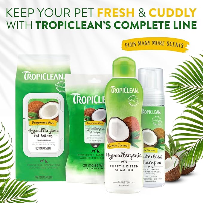 TropiClean Hypoallergenic Dog Wipes for Paws, Butt, Face and Body, Safe for Puppy, Puppy Essentials, Cleaning Deodorizing, Unscented, Cat Safe, 100ct