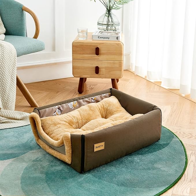 Jiupety Indoor Dog House, 2 in 1 Portable Foldable House Bed with Cover, Pet Tent & Cave Bed for Small Medium Dog, L(24"×18"×18"), Up to 20 Lb, Brown