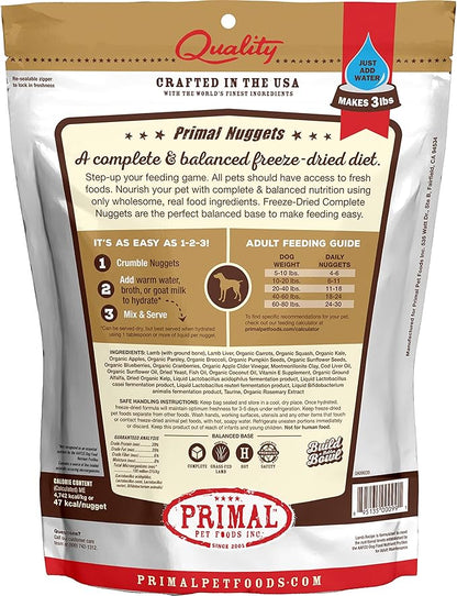 Primal Freeze Dried Raw Dog Food Nuggets, Lamb, Complete & Balanced Meal, Also Use as Topper or Treat, Premium, Healthy, Grain Free, High Protein Raw Dog Food, 14 oz