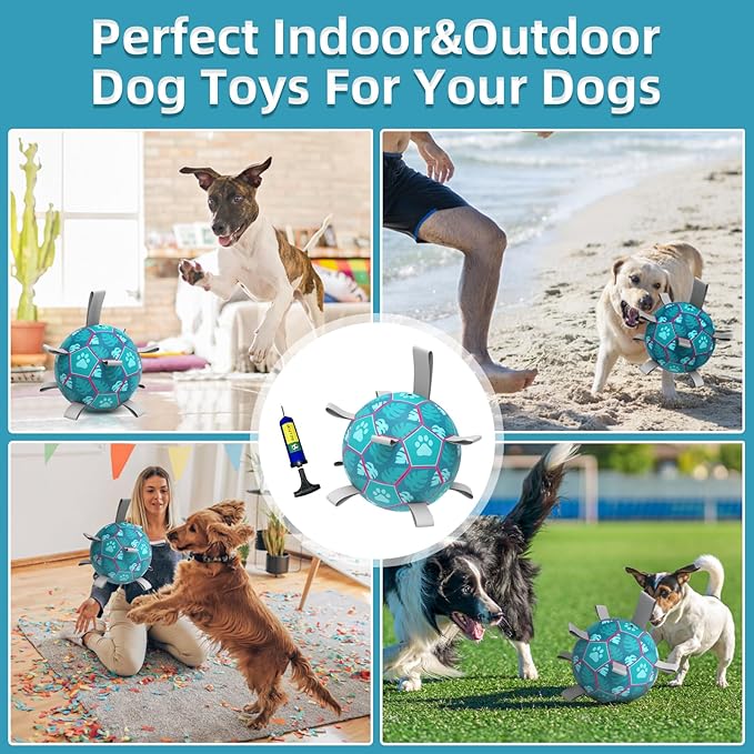 QDAN Dog Toys Soccer Ball with Straps - Durable Dog Balls for Small Medium Dogs, Beach Pool Dog Water Toy, Herding Balls for Dog, Puppy Dog Birthday Gifts, Dog Tug Toys for Tug of War, Blue (6 Inch)