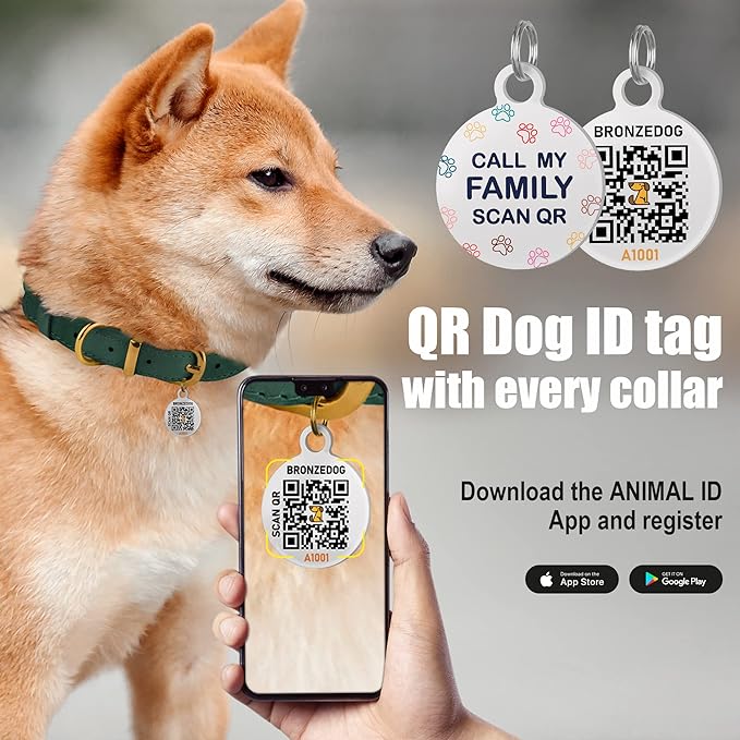 BRONZEDOG Rolled Leather Dog Collar with QR ID Tag Adjustable Soft Round Collars for Small Medium Large Dogs Puppy Cat (14" - 16" Neck Size, Turquoise)