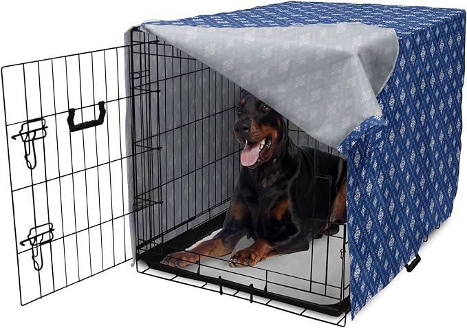 Lunarable Damask Blue Dog Crate Cover, Azulejo Talavera Inspired Continuous Pattern of Motif, Easy to Use Pet Kennel Cover for Medium Large Dogs, 42 Inch, Dark Sky Blue Pale Blue
