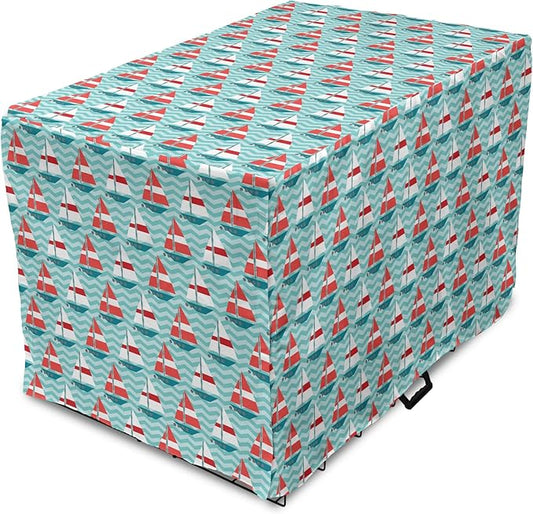 Lunarable Sail Boat Dog Crate Cover, Chevron Zigzag Lines Wavy Ocean Ships Abstract Geometric Summer Season, Easy to Use Pet Kennel Cover for Medium Large Dogs, 48 Inch, Teal Dark Coral White