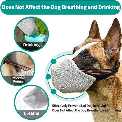 Dog Muzzle - Soft Mesh Muzzle for Small Medium Large Dogs Labrador German Shepherd - Adjustable Puppy Muzzles for Scavenging Biting Licking and Chewing - Allows Panting and Drinking (GreyM)
