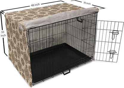 Lunarable Cream Dog Crate Cover, Vintage Eastern Inspired Design with Symmetrical Elements Abstract Flower Arrangement, Easy to Use Pet Kennel Cover for Medium Large Dogs, 48 Inch, Tan Brown